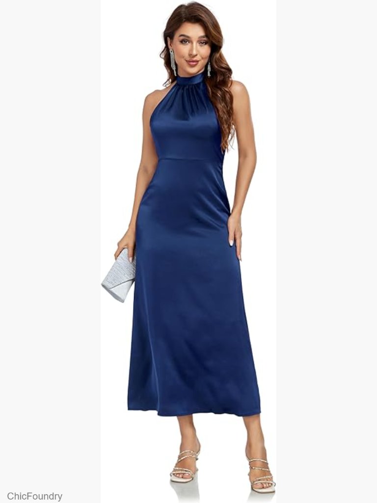 Satin Mock Halter Neck Midi Dress Sleeveless Sexy Open Back Party
